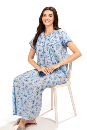 AV2 Women Printed Cotton Nightwear Nighty Maxi Blue - 7118C