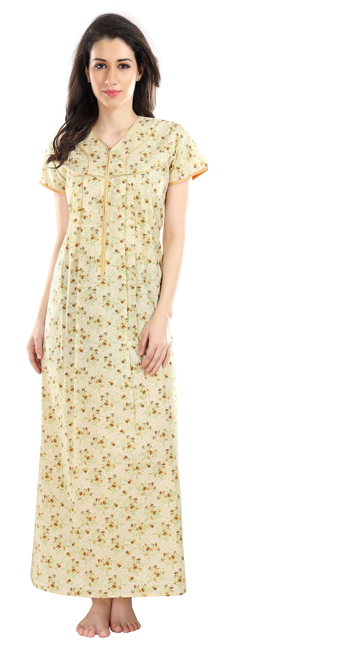 AV2 Women Printed Cotton Nightwear Nighty Maxi Beige - 7118D