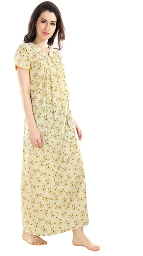 AV2 Women Printed Cotton Nightwear Nighty Maxi Beige - 7118D
