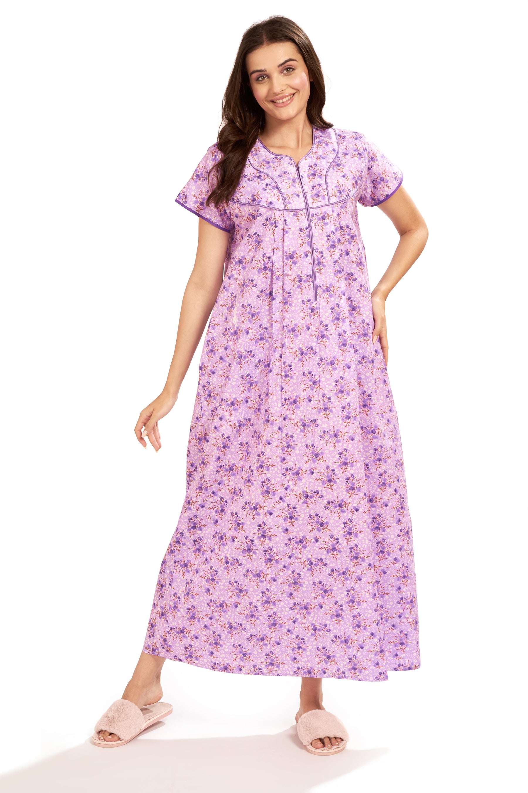 AV2 Women Printed Cotton Nightwear Nighty Maxi Purple - 7118E