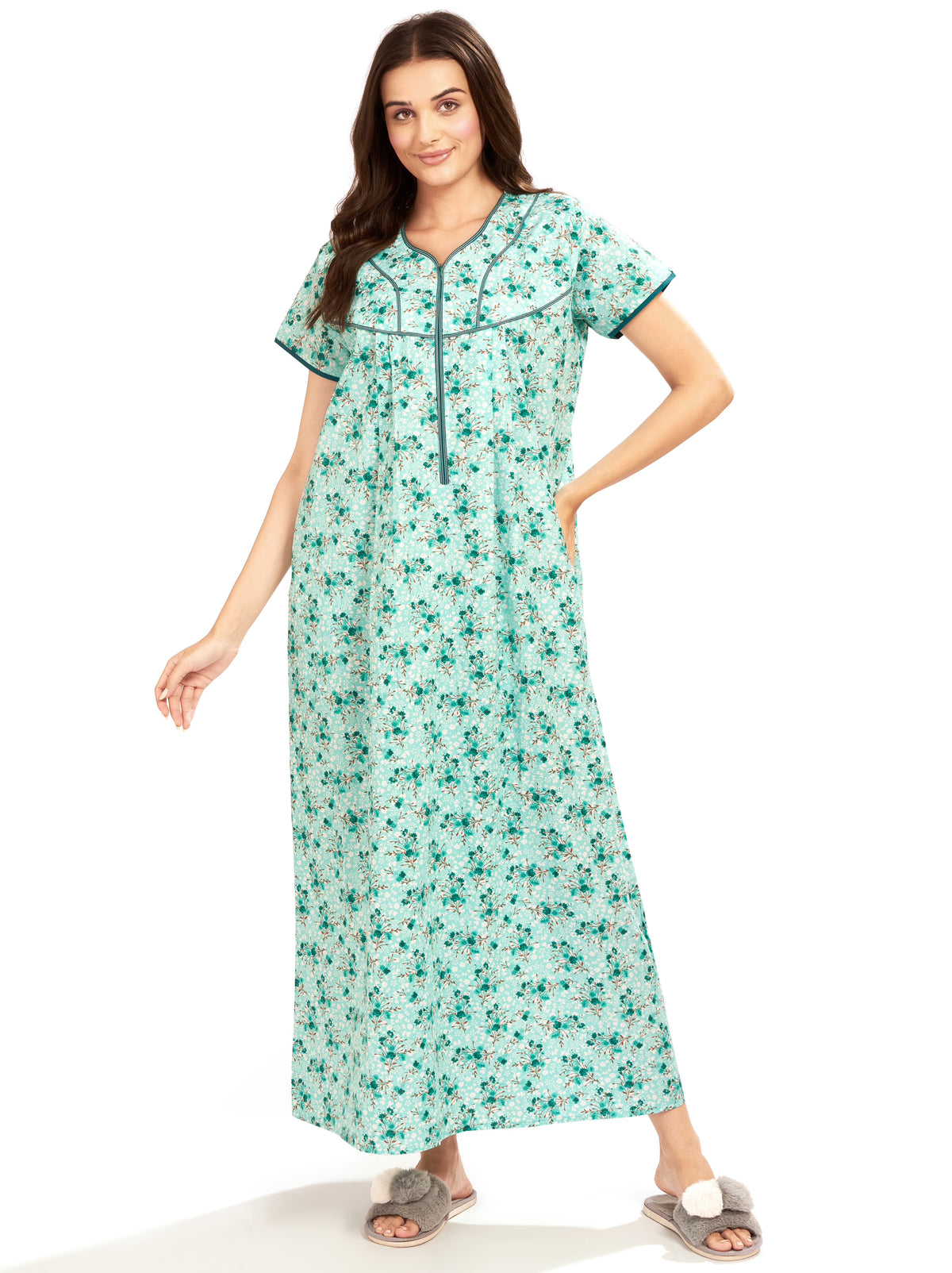 AV2 Women Printed Cotton Nightwear Nighty Maxi Sea Green - 7118F