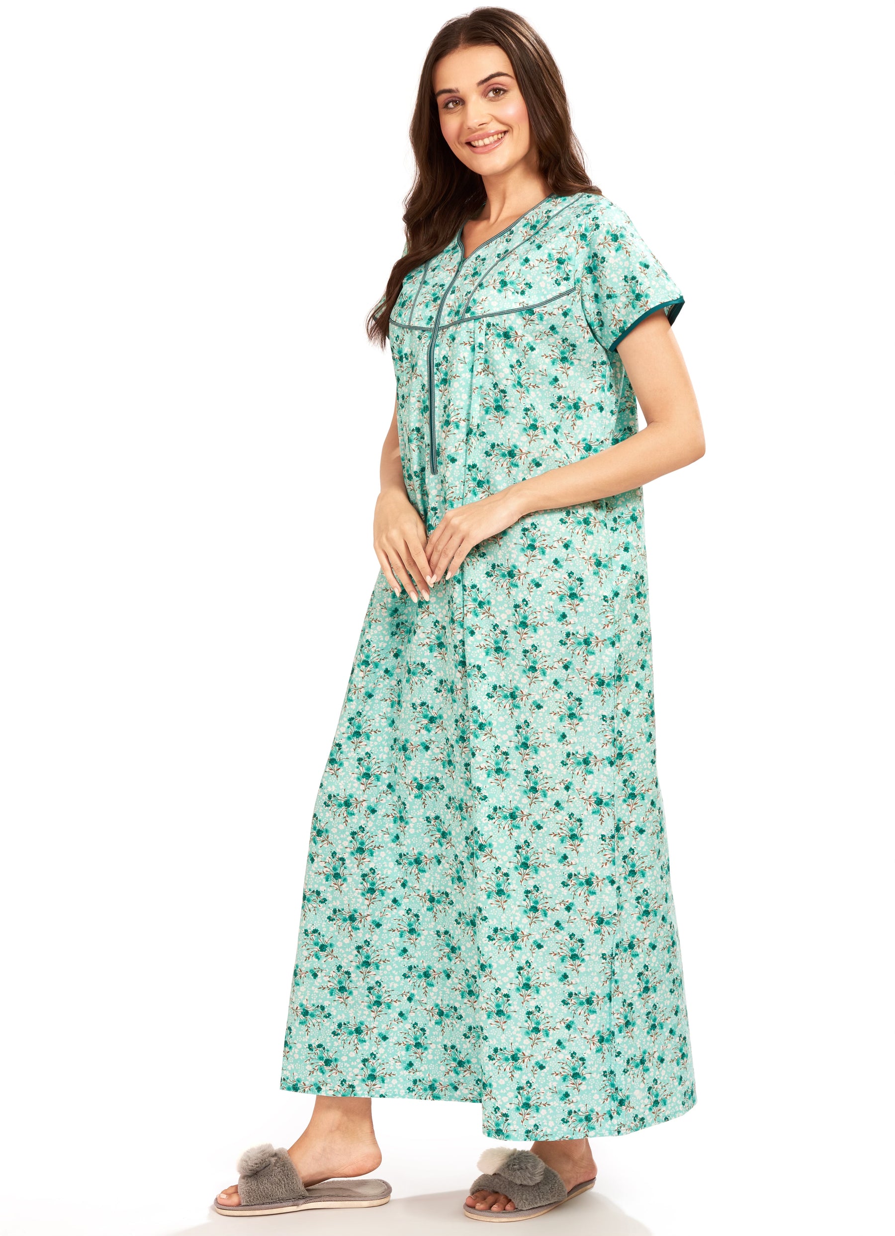 AV2 Women Printed Cotton Nightwear Nighty Maxi Sea Green - 7118F