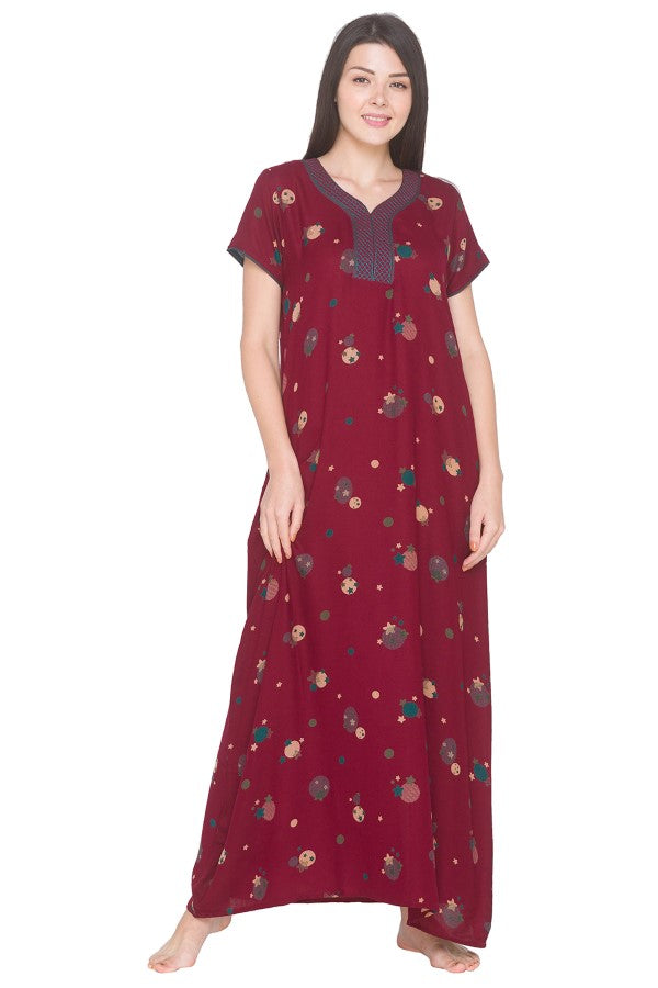 AV2 Women Printed Alpine Nightwear Nighty Maxi Maroon - 7158A