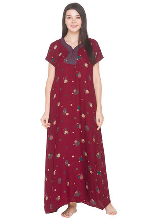 AV2 Women Printed Alpine Nightwear Nighty Maxi Maroon - 7158A