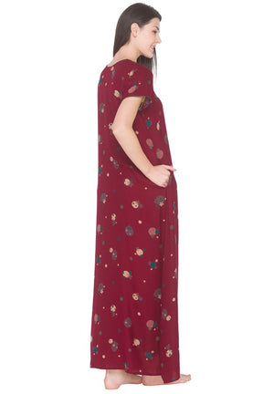 AV2 Women Printed Alpine Nightwear Nighty Maxi Maroon - 7158A