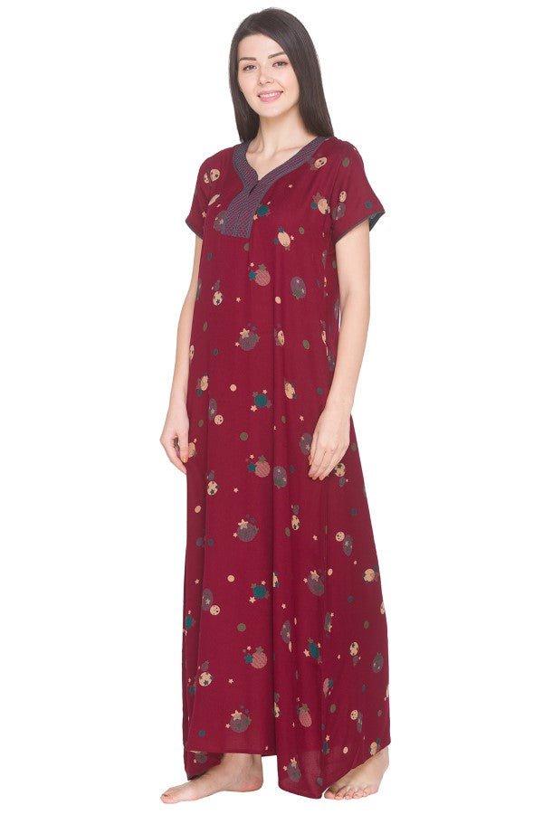 AV2 Women Printed Alpine Nightwear Nighty Maxi Maroon - 7158A