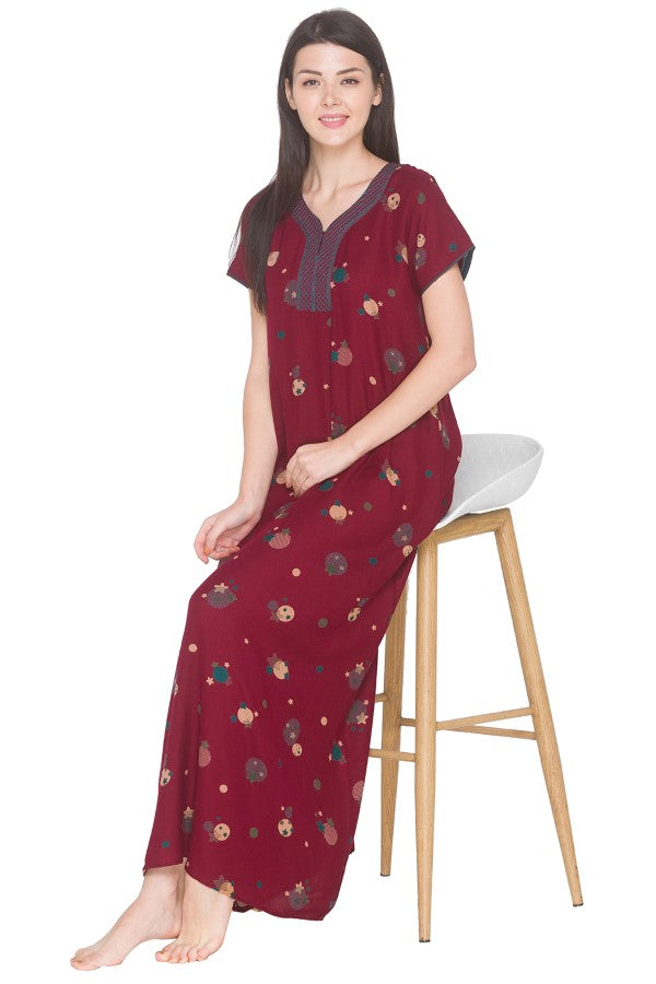 AV2 Women Printed Alpine Nightwear Nighty Maxi Maroon - 7158A