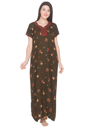 AV2 Women Printed Alpine Nightwear Nighty Maxi Olive - 7158B