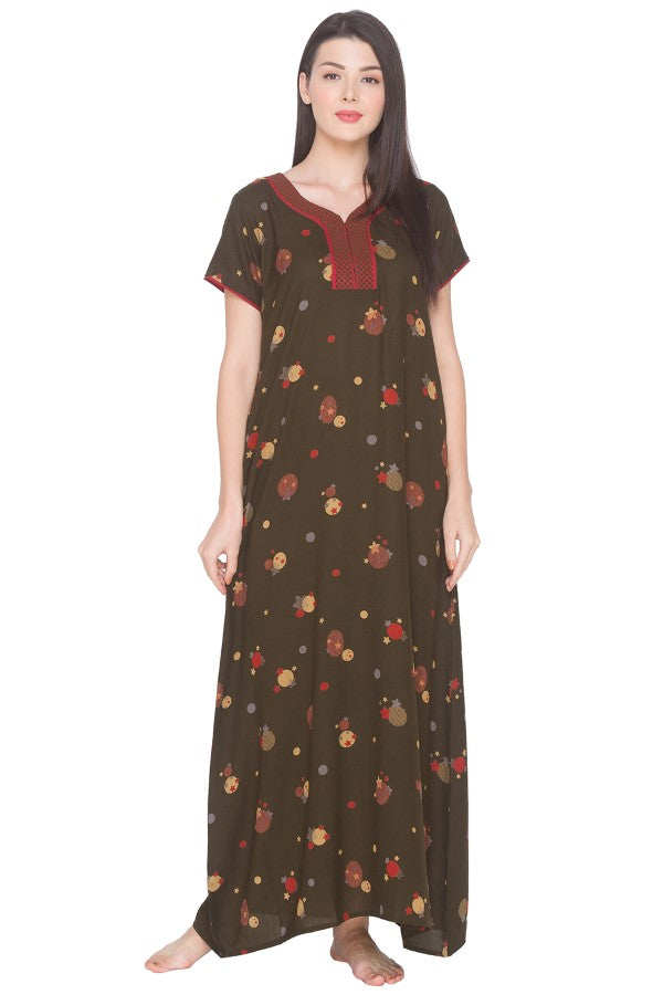 AV2 Women Printed Alpine Nightwear Nighty Maxi Olive - 7158B