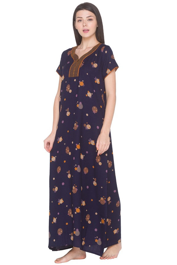 AV2 Women Printed Alpine Nightwear Nighty Maxi Navy - 7158C