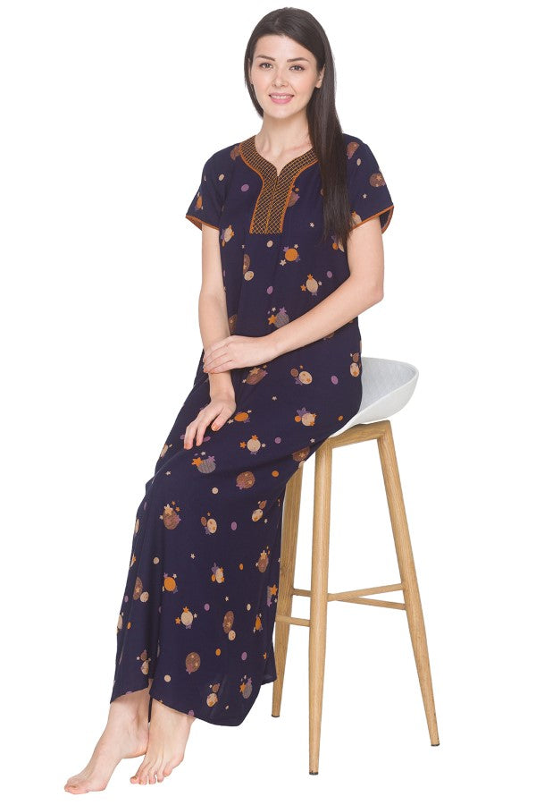 AV2 Women Printed Alpine Nightwear Nighty Maxi Navy - 7158C