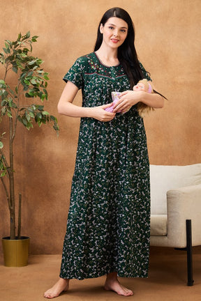 AV2 Women Printed Maternity Feeding Nighty Green - 7249C