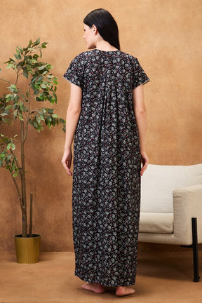 AV2 Women Printed Maternity Feeding Nighty Black - 7251A