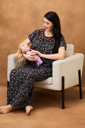 AV2 Women Printed Maternity Feeding Nighty Black - 7251A