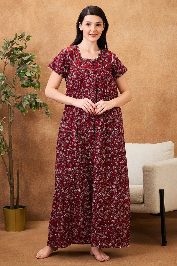 AV2 Women Printed Maternity Feeding Nighty Maroon - 7251B