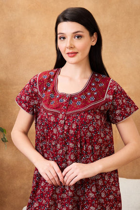 AV2 Women Printed Maternity Feeding Nighty Maroon - 7251B