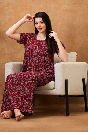 AV2 Women Printed Cotton Nightwear Nighty|Womens Night Wear Maxi Maroon - 7252B