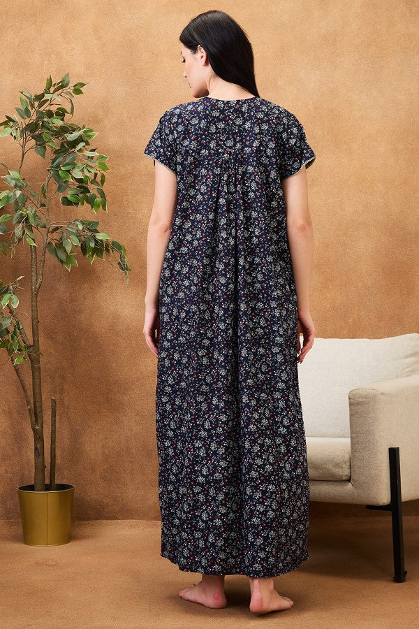 AV2 Women Printed Cotton Nightwear Nighty|Womens Night Wear Maxi Navy - 7252C