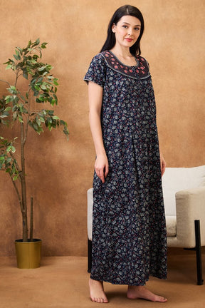 AV2 Women Printed Cotton Nightwear Nighty|Womens Night Wear Maxi Navy - 7252C