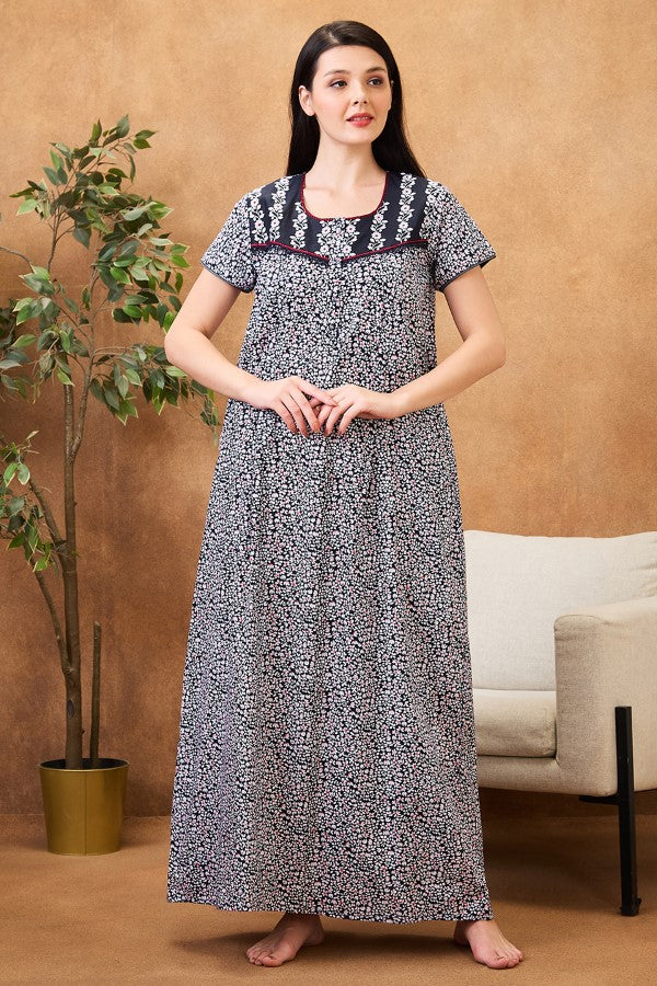 AV2 Women Printed Maternity Feeding Nighty Black - 7253B