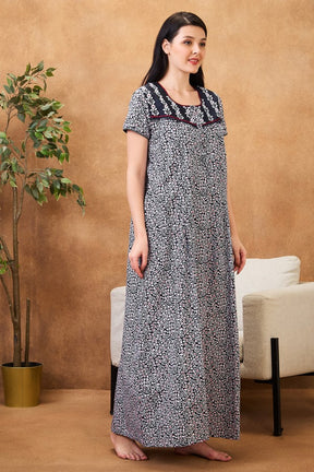 AV2 Women Printed Maternity Feeding Nighty Black - 7253B