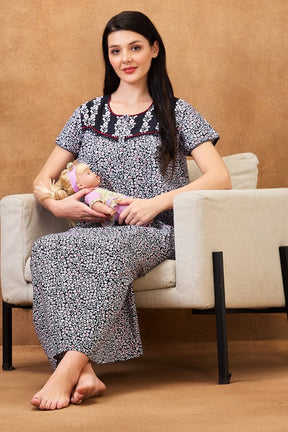 AV2 Women Printed Maternity Feeding Nighty Black - 7253B