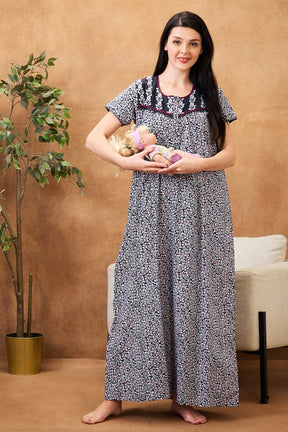 AV2 Women Printed Maternity Feeding Nighty Black - 7253B