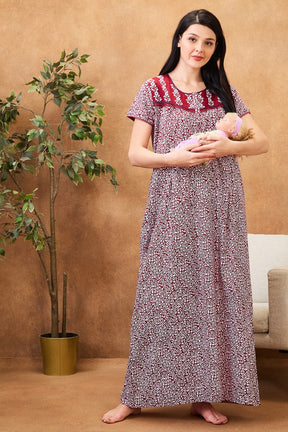 AV2 Women Printed Maternity Feeding Nighty Red - 7253C