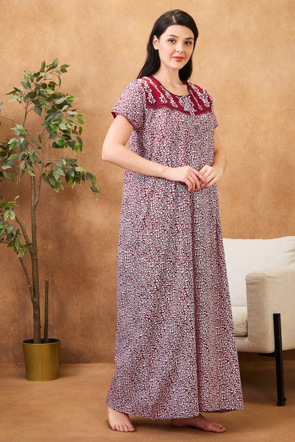 AV2 Women Printed Cotton Nightwear Nighty|Womens Night Wear Maxi Red - 7254C