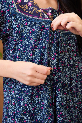 AV2 Women Printed Maternity Feeding Nighty Blue - 7255B