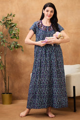 AV2 Women Printed Maternity Feeding Nighty Blue - 7255B