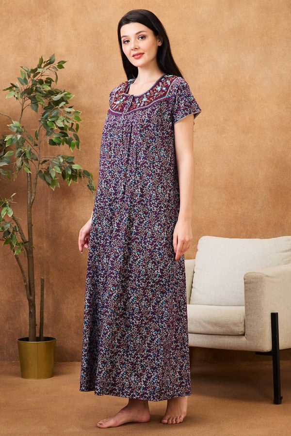 AV2 Women Printed Cotton Nightwear Nighty|Womens Night Wear Maxi Wine - 7256C