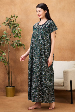 AV2 Women Printed Maternity Feeding Nighty Green - 7257A