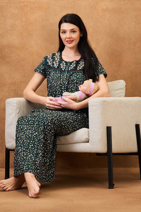 AV2 Women Printed Maternity Feeding Nighty Green - 7257A