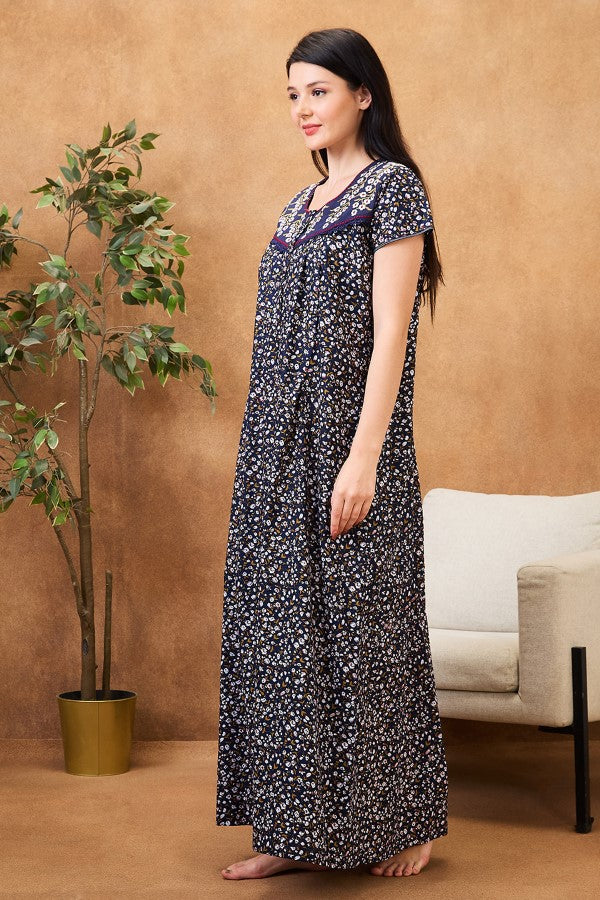 AV2 Women Printed Maternity Feeding Nighty Navy - 7257B