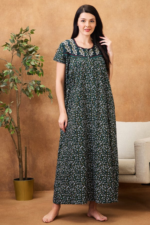 AV2 Women Printed Cotton Nightwear Nighty|Womens Night Wear Maxi Green - 7258A