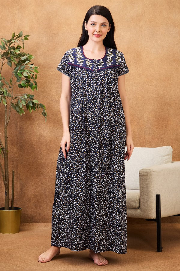 AV2 Women Printed Cotton Nightwear Nighty | Womens Night Wear Maxi Navy - 7258B