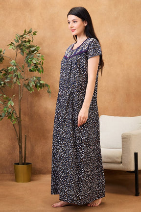 AV2 Women Printed Cotton Nightwear Nighty | Womens Night Wear Maxi Navy - 7258B