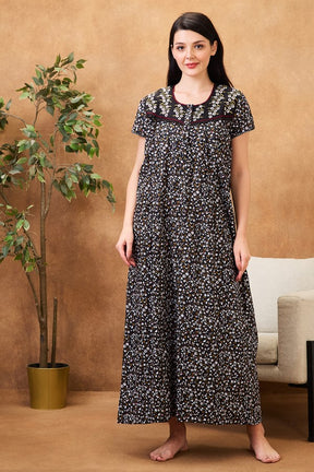 AV2 Women Printed Cotton Nightwear Nighty | Womens Night Wear Maxi Black - 7258C