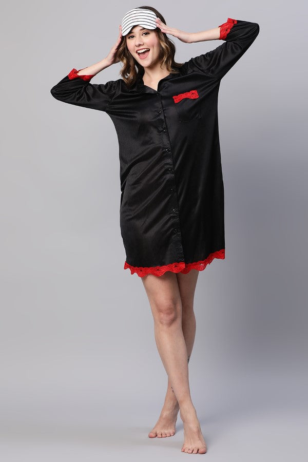 AV2 Women Satin Sleepshirt Night dress Black - 1560BLACK