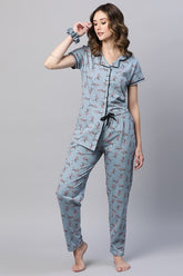 AV2 Women Cotton Floral Printed Top & Pyjama Nighsuit Set GREY - 2983A