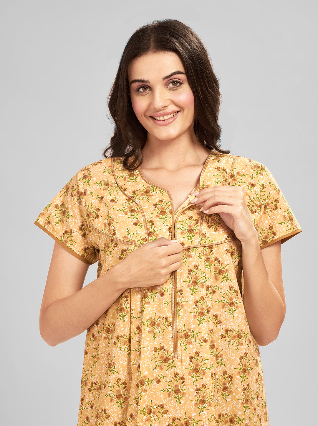 AV2 Women Printed Feeding/Nursing/Maternity Nighty Beige - 1184D