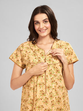 AV2 Women Printed Feeding/Nursing/Maternity Nighty Beige - 1184D