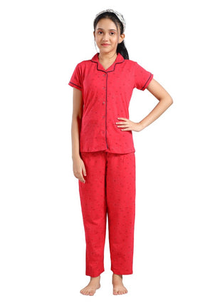 AV2 Girls Cotton Printed Night Suit Night Dress RED - 6647B