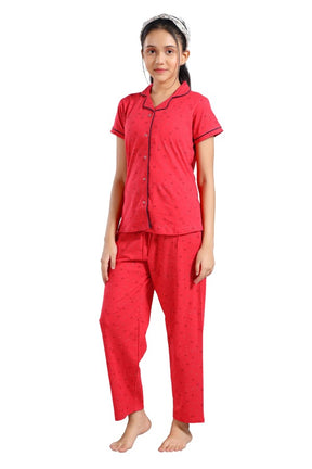 AV2 Girls Cotton Printed Night Suit Night Dress RED - 6647B