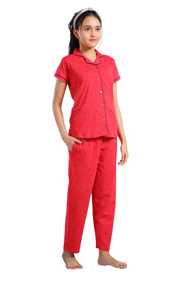 AV2 Girls Cotton Printed Night Suit Night Dress RED - 6647B