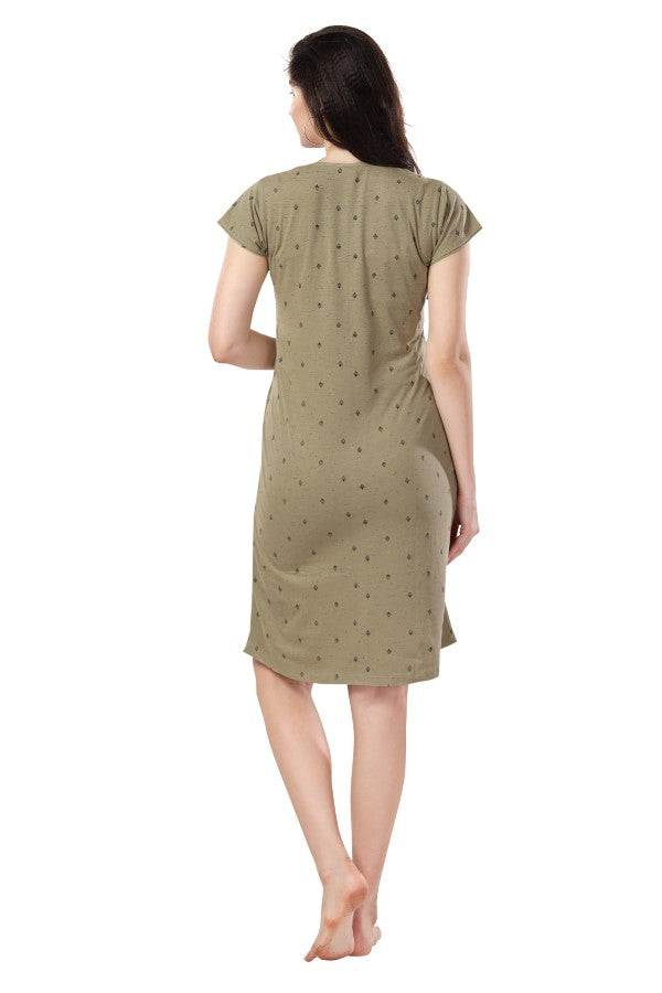 AV2 Women's Olive Cotton Solid Knee Length Nighty - 3120B