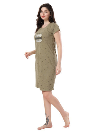 AV2 Women's Olive Cotton Solid Knee Length Nighty - 3120B