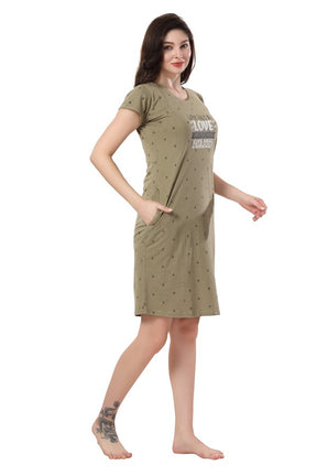 AV2 Women's Olive Cotton Solid Knee Length Nighty - 3120B