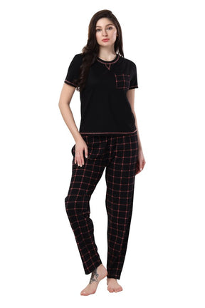 AV2 Women Cotton Printed Top & Pajama Nightsuit Set Black - 2394A